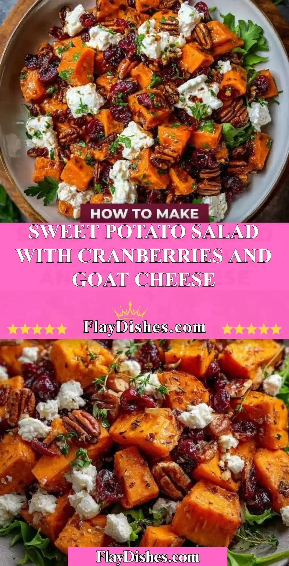 Sweet potato salad with cranberries and goat cheese served in a bowl