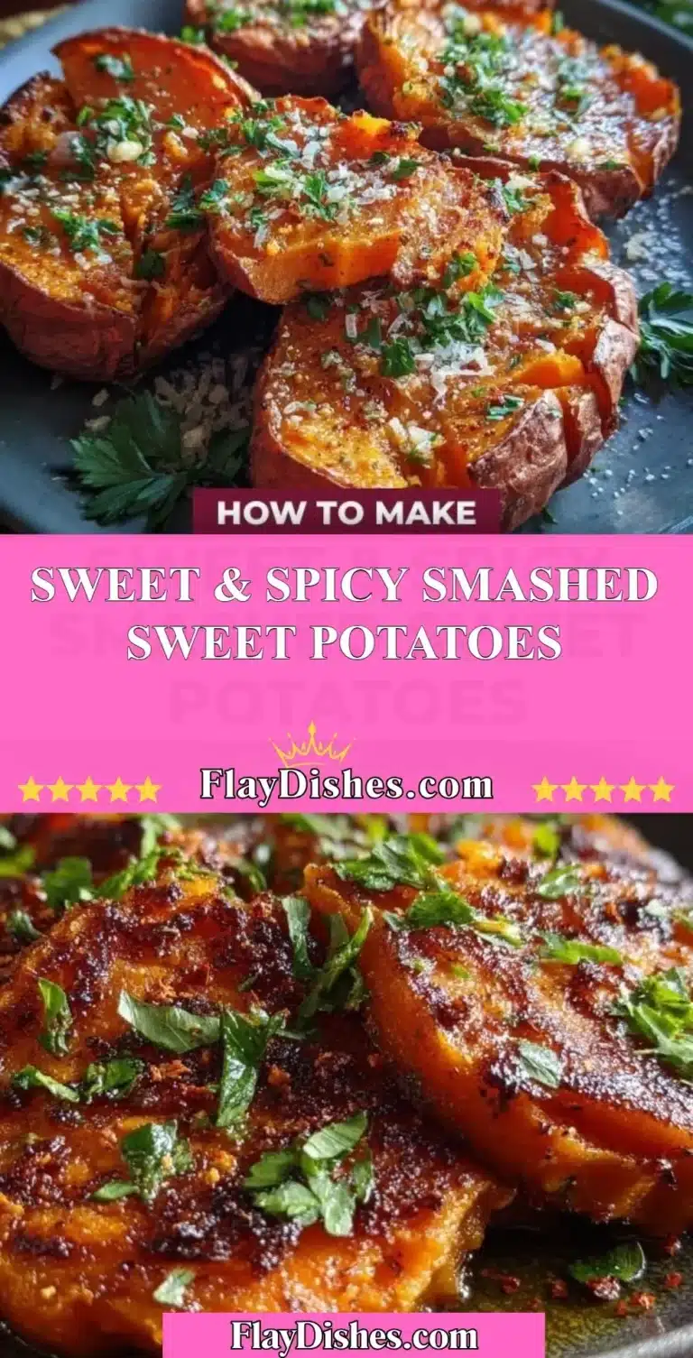Plate of sweet and spicy smashed sweet potatoes topped with herbs.