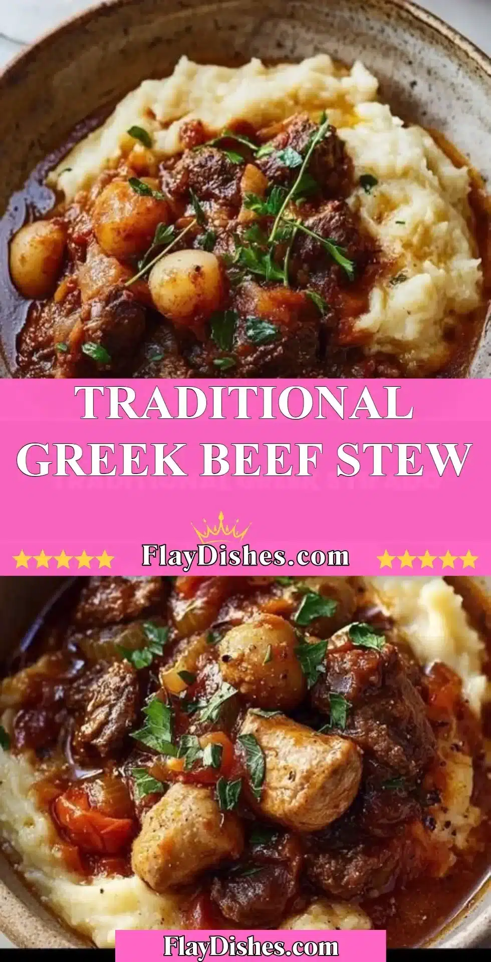 Bowl of Traditional Greek Beef Stew with vegetables and herbs