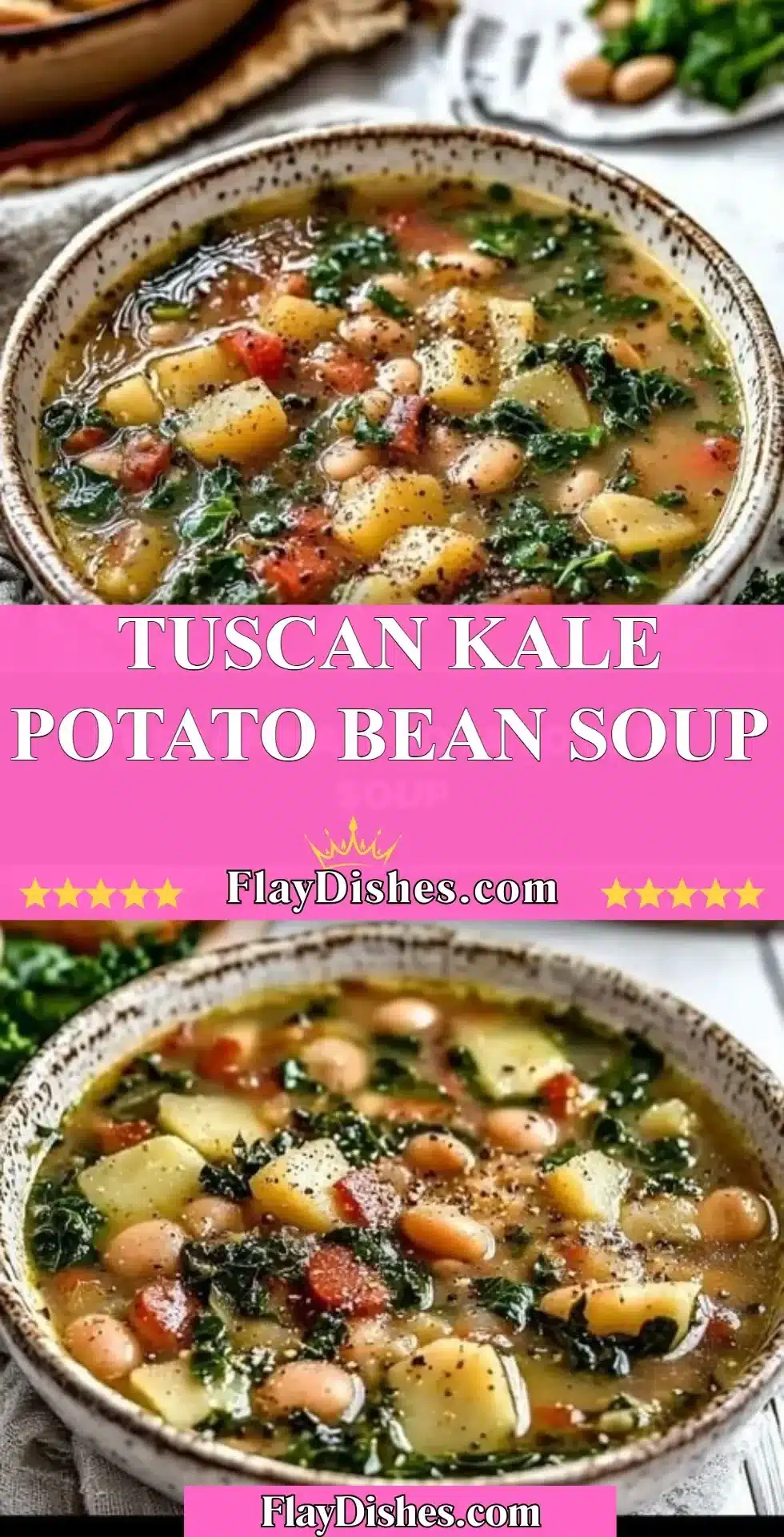 Bowl of Tuscan Kale Potato Bean Soup with fresh ingredients