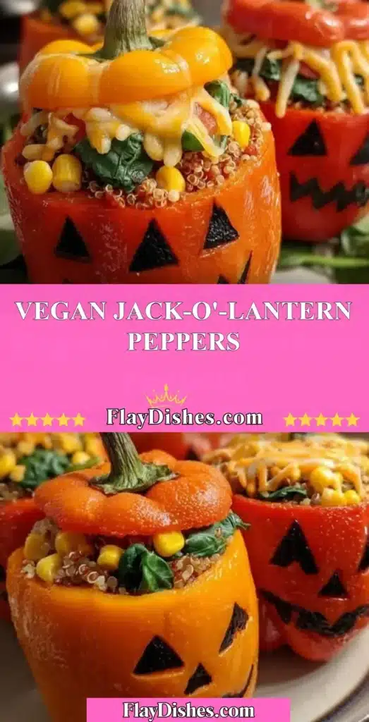 Colorful vegan Jack-o'-Lantern Peppers filled with healthy ingredients for Halloween.