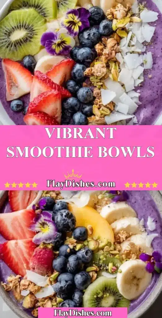 Colorful and nutritious smoothie bowls topped with fresh fruits and seeds.