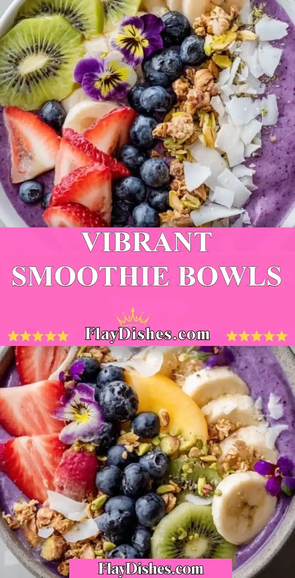 Colorful and nutritious smoothie bowls topped with fresh fruits and seeds.