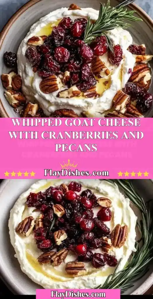 Whipped goat cheese topped with cranberries and pecans in a serving dish