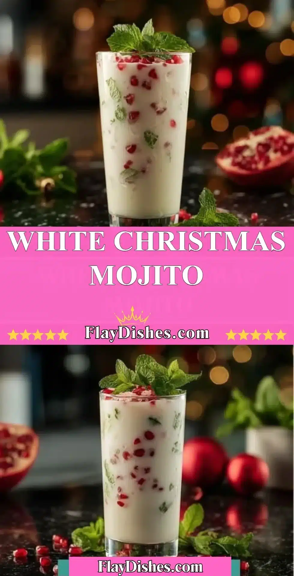 White Christmas Mojito cocktail with mint and cranberries in a festive setting.