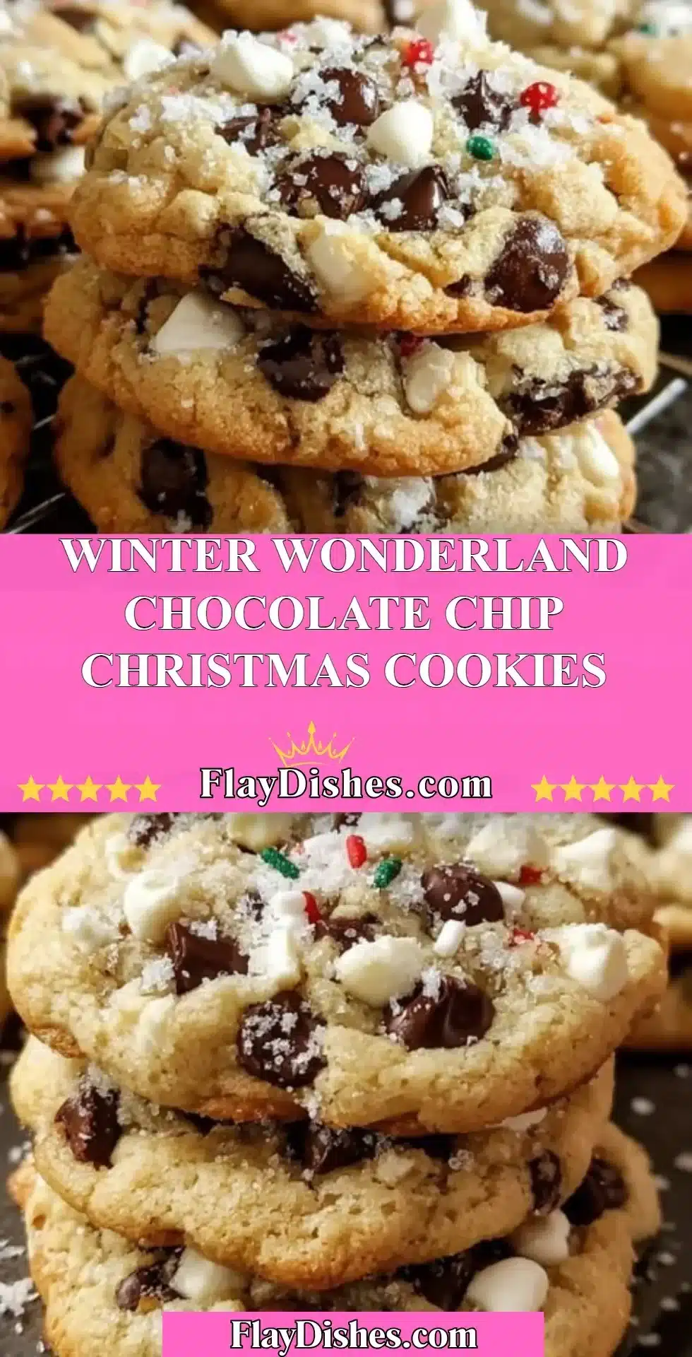 Warm and delicious Winter Wonderland chocolate chip Christmas cookies on a festive plate.