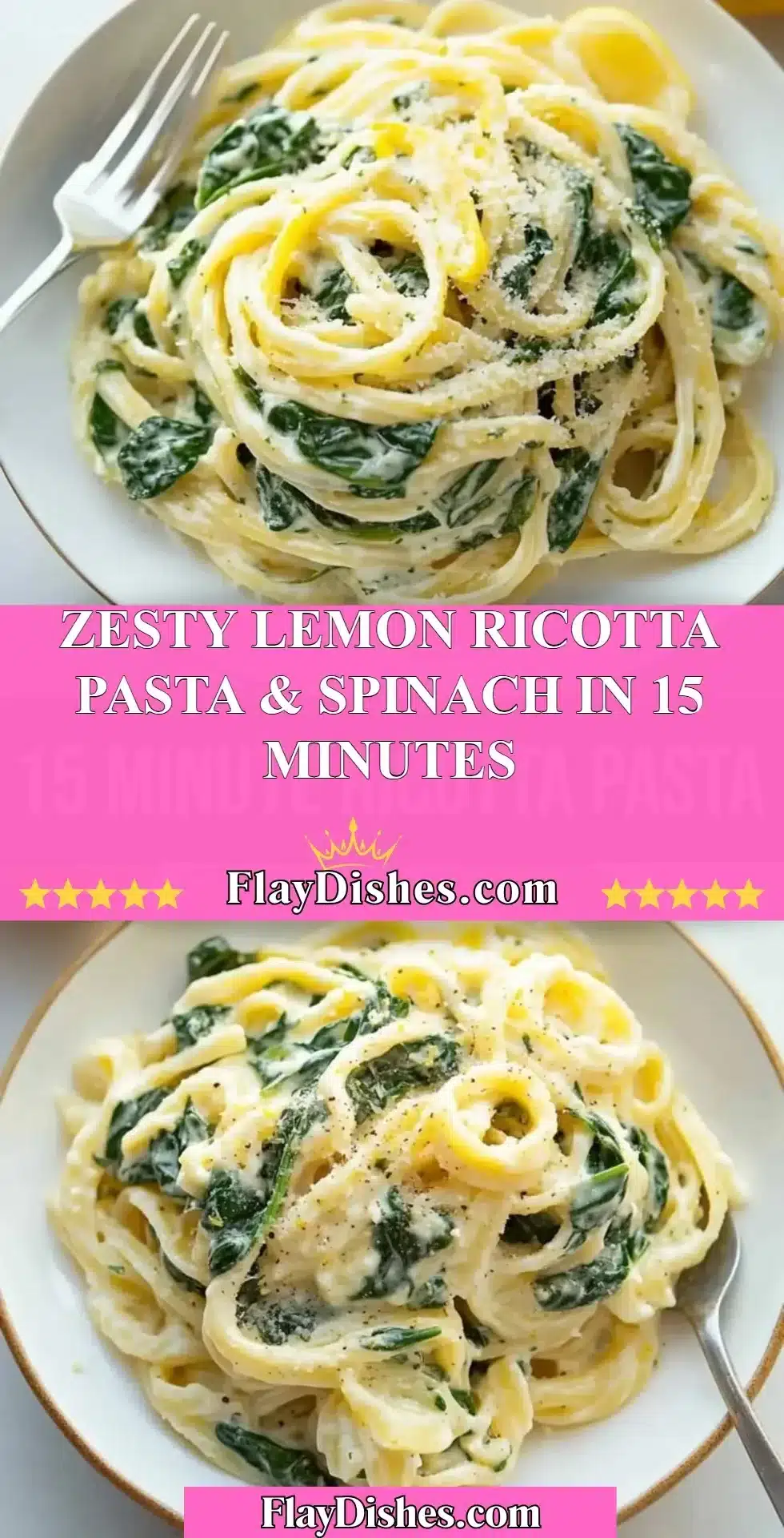 Plate of zesty Lemon Ricotta Pasta with spinach, garnished and ready to serve.