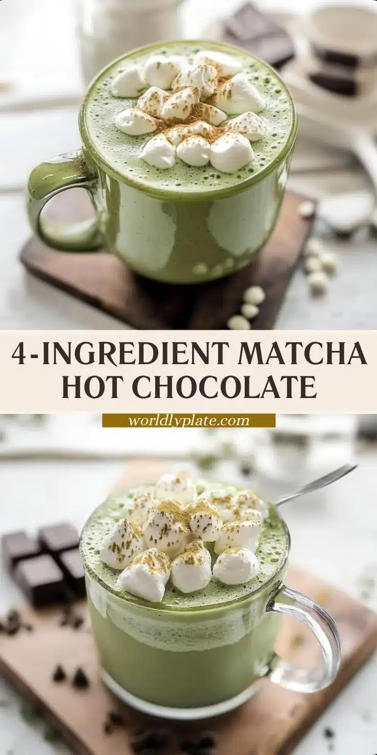 Delicious 4-ingredient matcha hot chocolate in a cozy mug