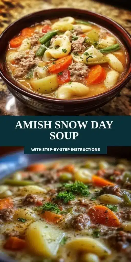 Bowl of hearty Amish Snow Day Soup with ingredients for a cozy winter meal.