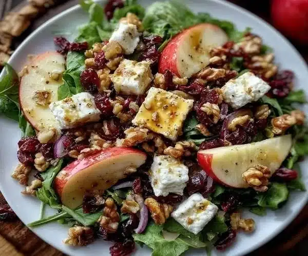Apple Cranberry Walnut Salad with Goat Cheese served in a bowl