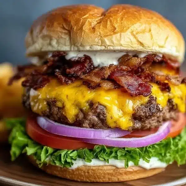 Delicious Bacon Ranch Cheeseburger with crispy bacon and ranch dressing