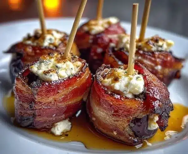 Bacon Wrapped Dates stuffed with Goat Cheese and drizzled with Honey on a white plate
