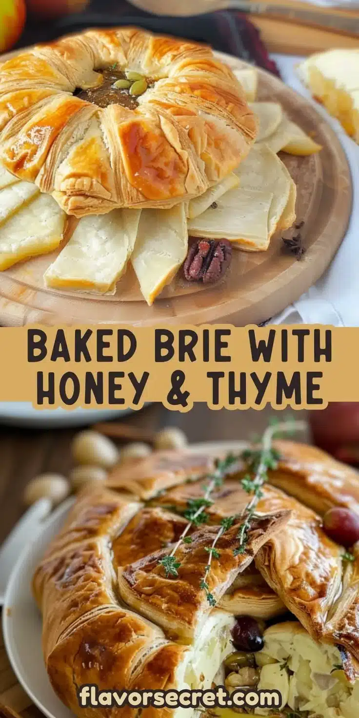 Baked Brie in crust topped with honey and thyme, served as a delicious appetizer