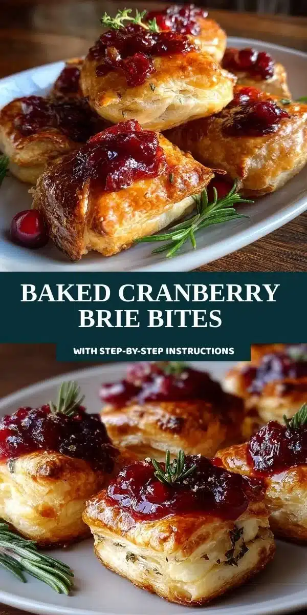 Baked cranberry brie bites served on a platter, topped with a sprig of thyme.