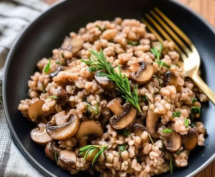 Delicious Baked Mushroom Farro with Thyme served in a rustic bowl