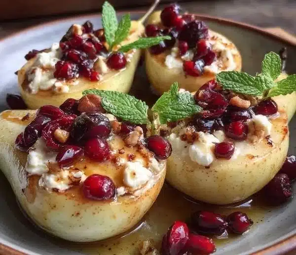 Baked pears with goat cheese, honey, and cranberries served on a plate.