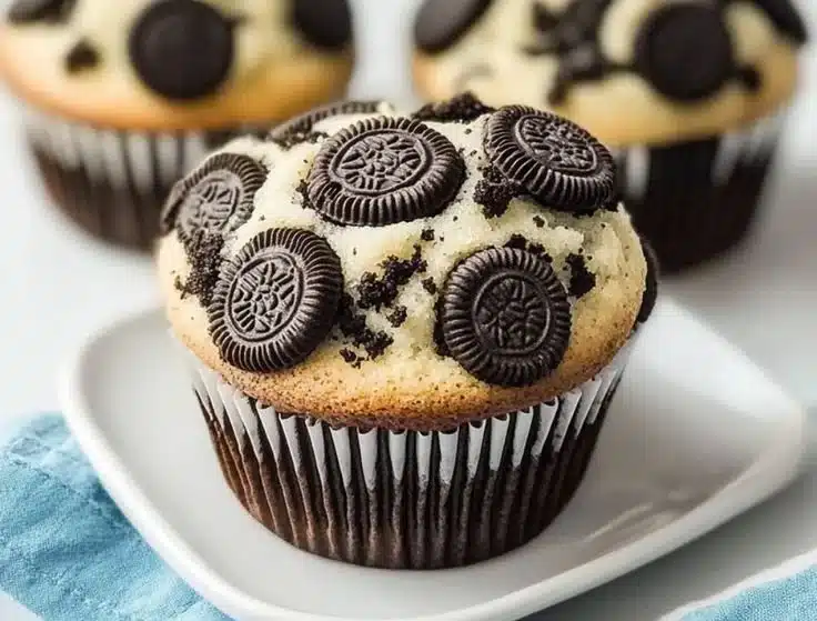 Deliciously baked Oreo muffins on a rustic wooden table