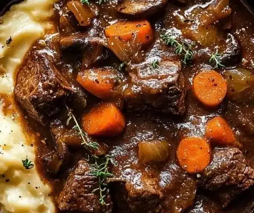 Delicious Beef Burgundy served with vegetables and wine sauce