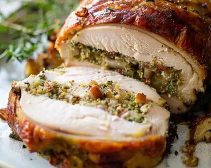 Black Forest Stuffed Turkey Roulade with rich ingredients and garnishes