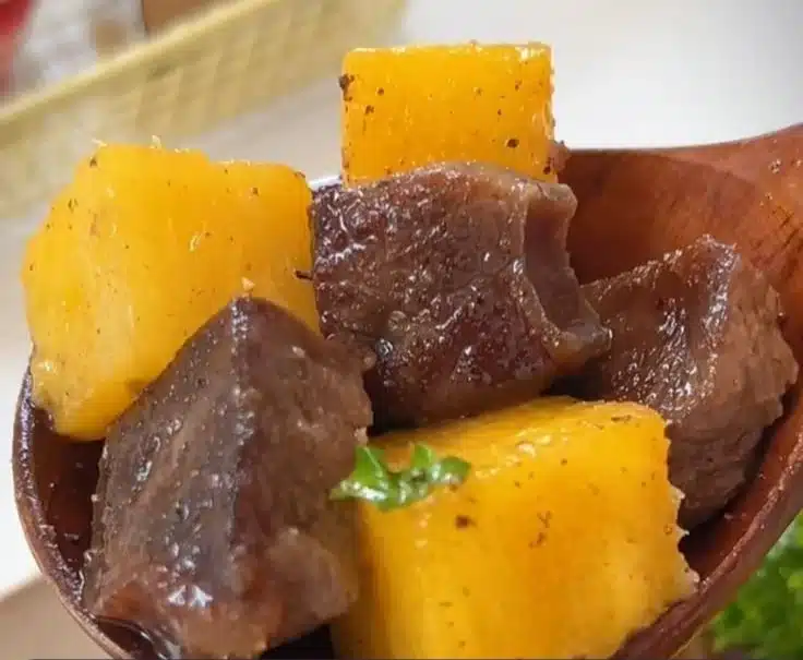 Delicious Black Pepper Pineapple Beef Bites on a serving platter