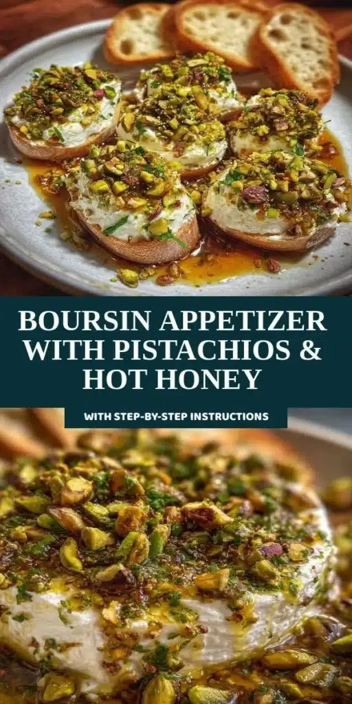 Boursin appetizer topped with pistachios and hot honey, served on a platter.