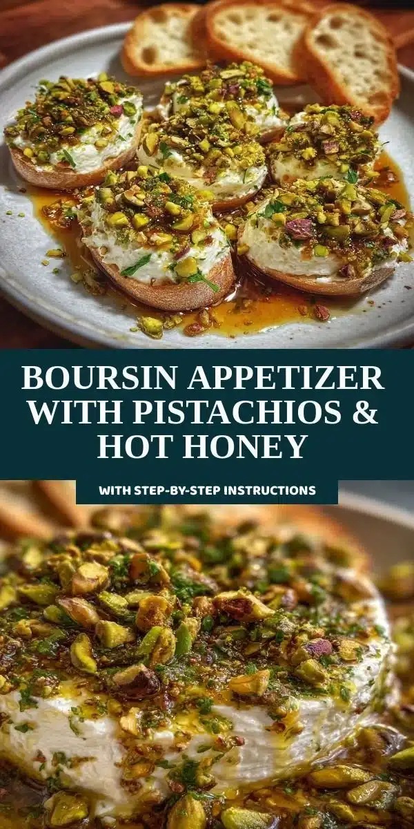 Boursin appetizer topped with pistachios and hot honey, served on a platter.