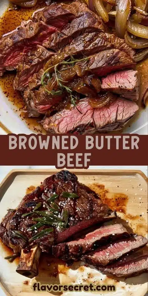 Delicious browned butter beef fry served on a plate with herbs