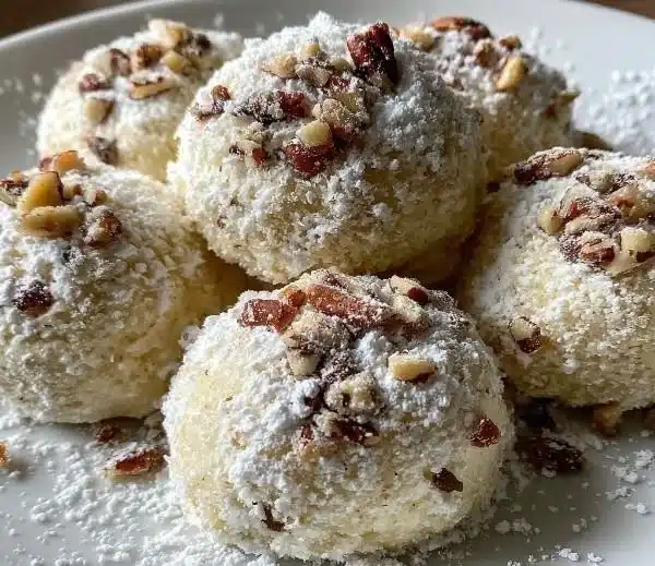 Buttery Pecan Snowball Cookies on a festive platter