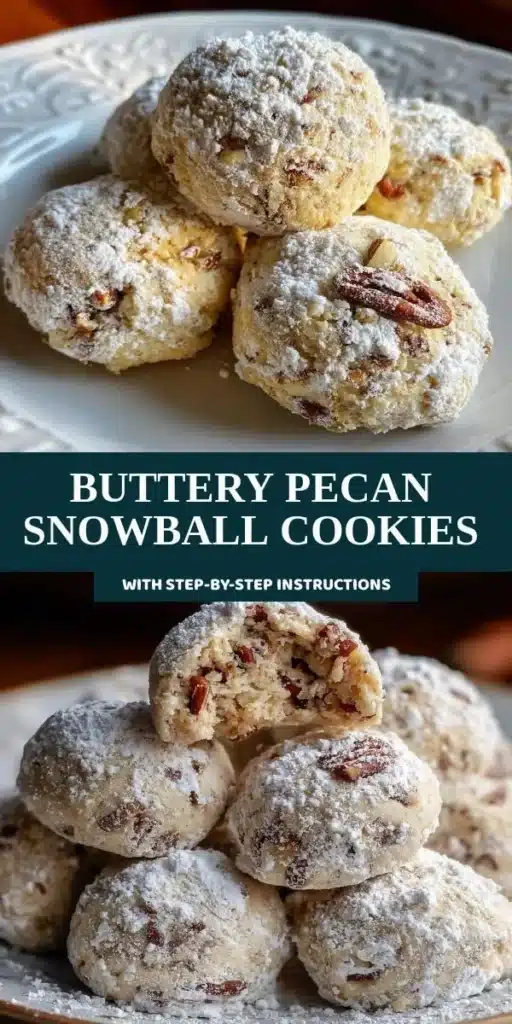 Buttery Pecan Snowball Cookies on a plate, garnished with powdered sugar.