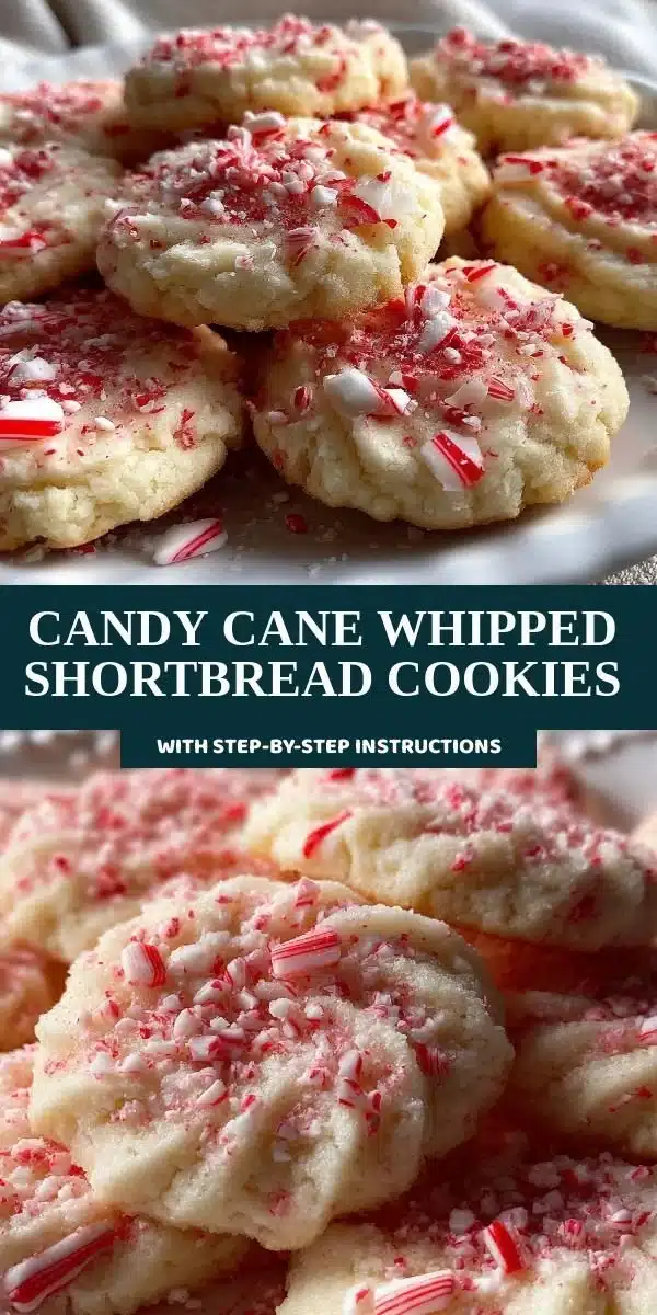 Candy Cane Whipped Shortbread Cookies decorated with peppermint sprinkles