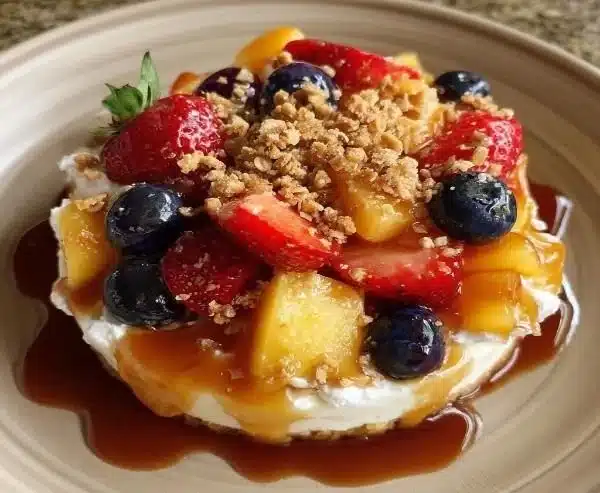 Caramel Crunch Cheesecake Fruit Salad with fresh fruits and crunchy toppings