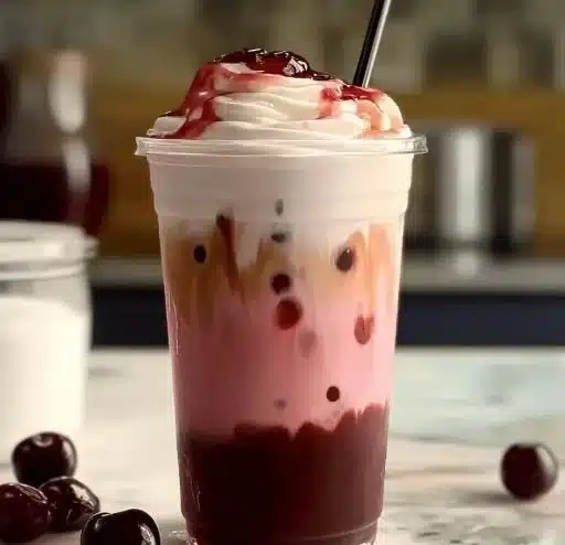Delicious Cherry Vanilla Iced Latte with cherry and vanilla flavors