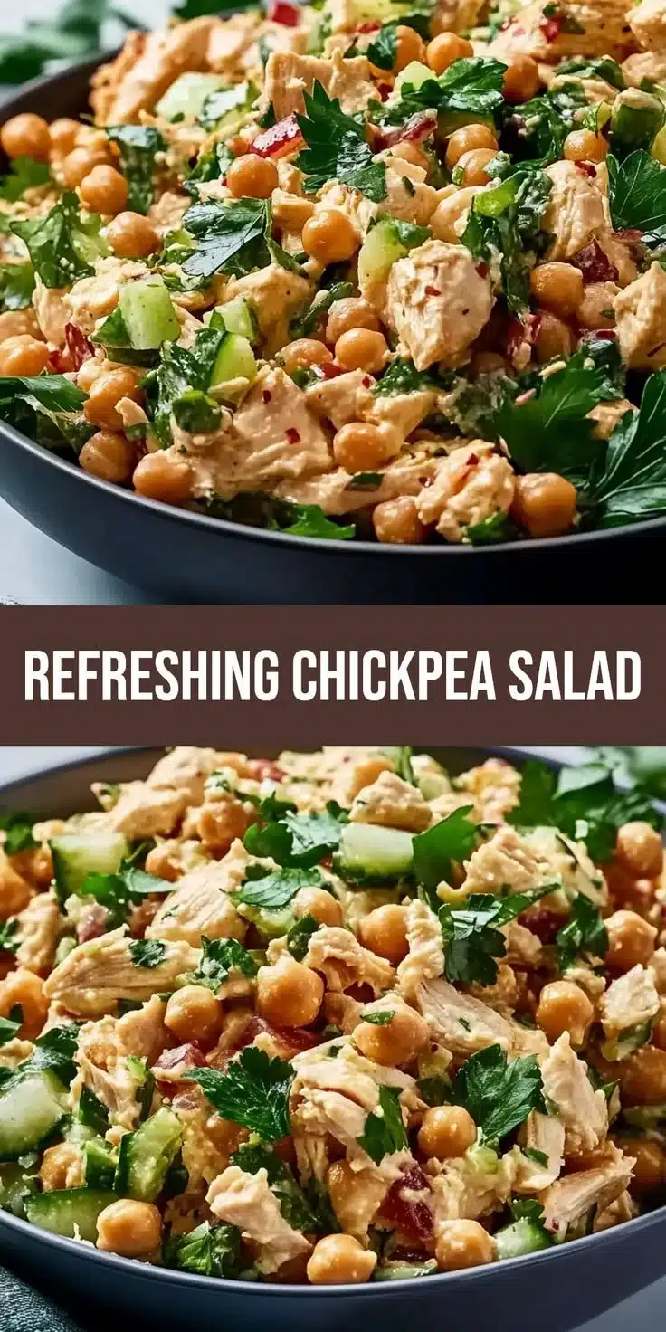 Chickpea chicken salad with fresh vegetables and dressing