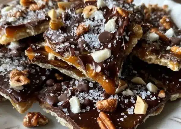 Delicious Christmas Crack Saltine Toffee served on a festive plate.