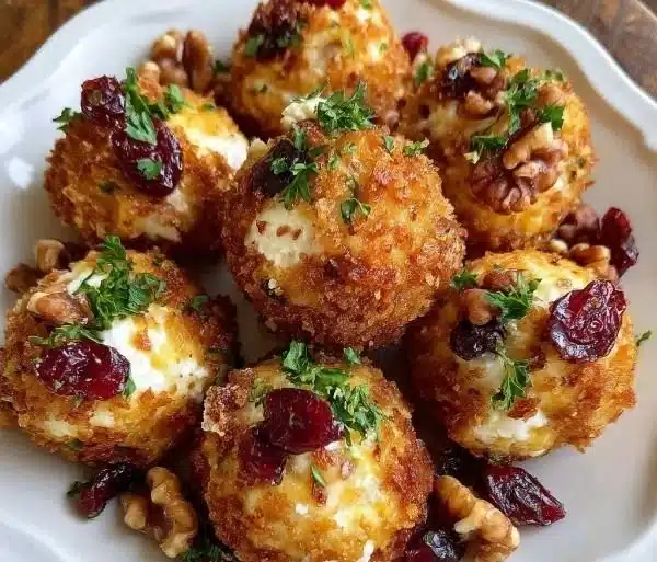 Christmas Cranberry Walnut Cheese Balls served on a festive platter