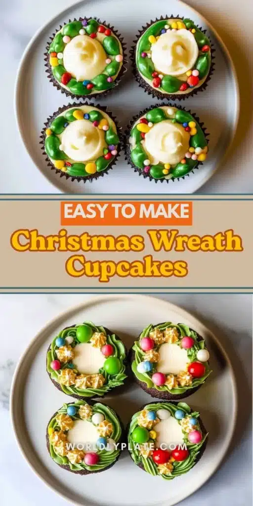 Decorative Christmas Wreath Cupcakes adorned with festive icing and toppings