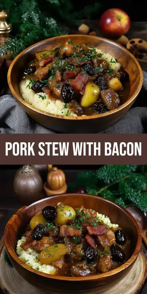 Comforting pork stew with bacon, apples, and prunes in a bowl.