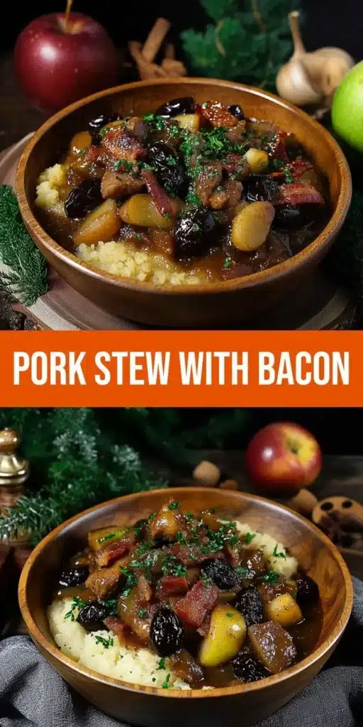 Bowl of comforting pork stew with bacon, apples, and prunes garnished with herbs.