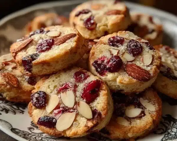 Cranberry almond shortbread cookies on a plate, garnished with nuts