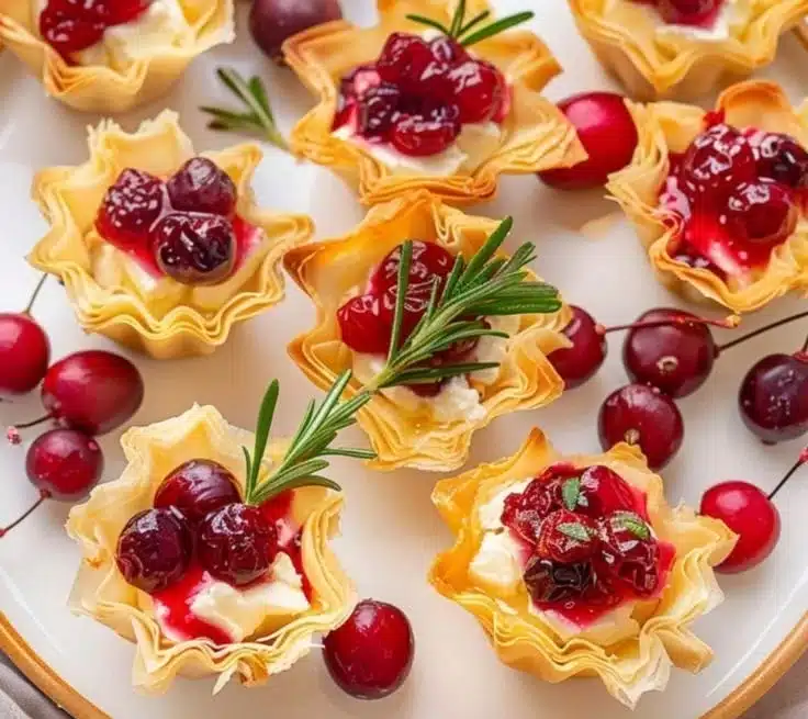 Cranberry and brie baked phyllo cups garnished with fresh herbs