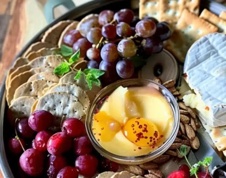 Cranberry Chili Jam Baked Brie Board with crackers and fresh herbs