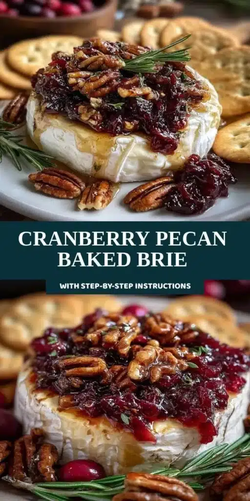 Cranberry pecan baked brie served on a wooden platter with crackers.