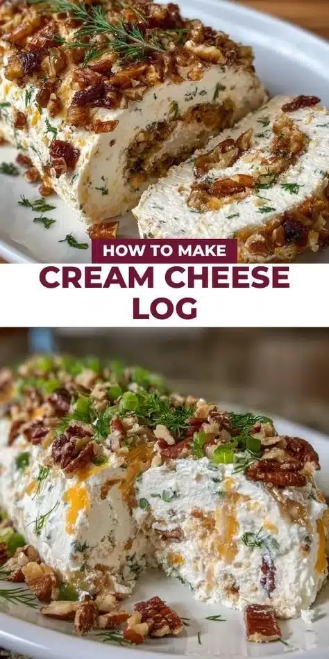 Delicious cream cheese log garnished with herbs and served on a platter.