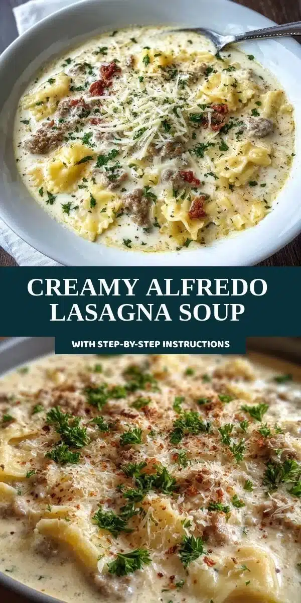 Bowl of creamy Alfredo lasagna soup garnished with parsley and cheese