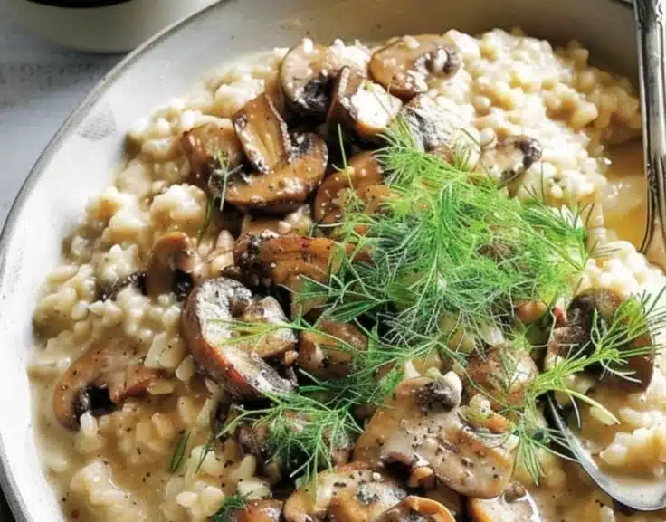Creamy fennel pollen mushroom risotto garnished with herbs and parmesan