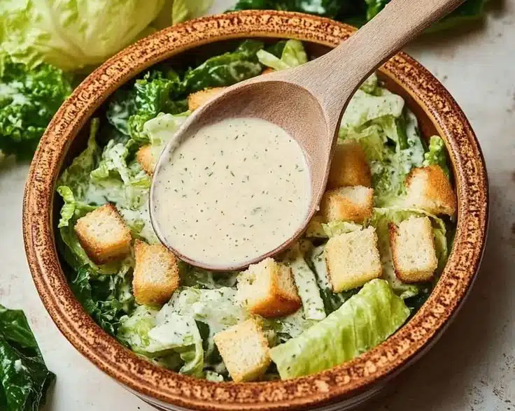Creamy high protein Caesar dressing in a bowl with ingredients around it
