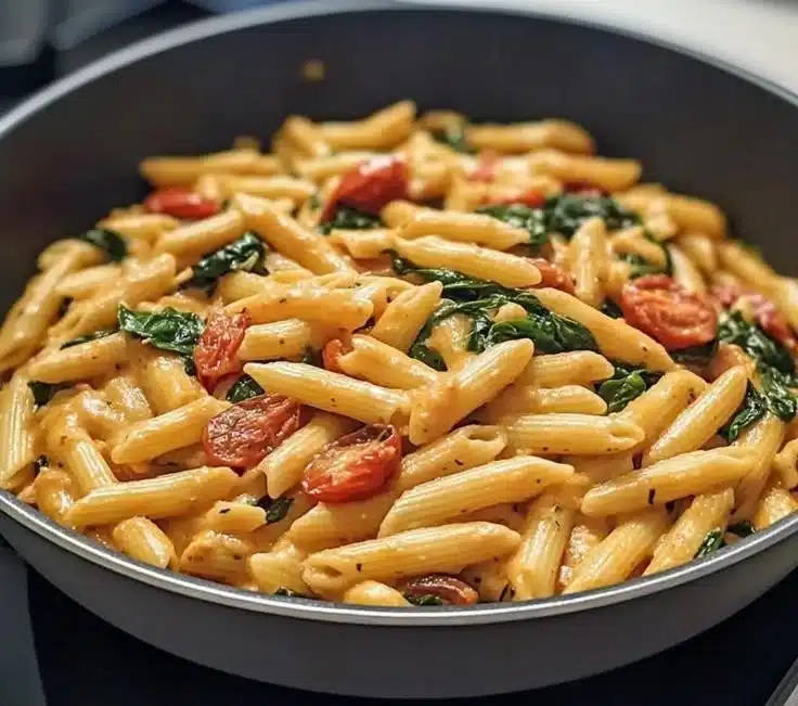 Creamy one-pot spinach tomato pasta served in a bowl, garnished with herbs.
