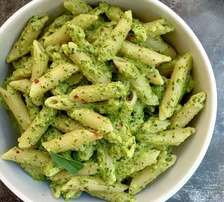 Creamy pesto chicken penne pasta dish topped with fresh basil and grilled chicken