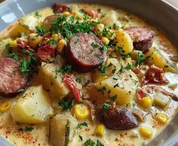 Bowl of creamy potato sausage chowder garnished with herbs and served warm.
