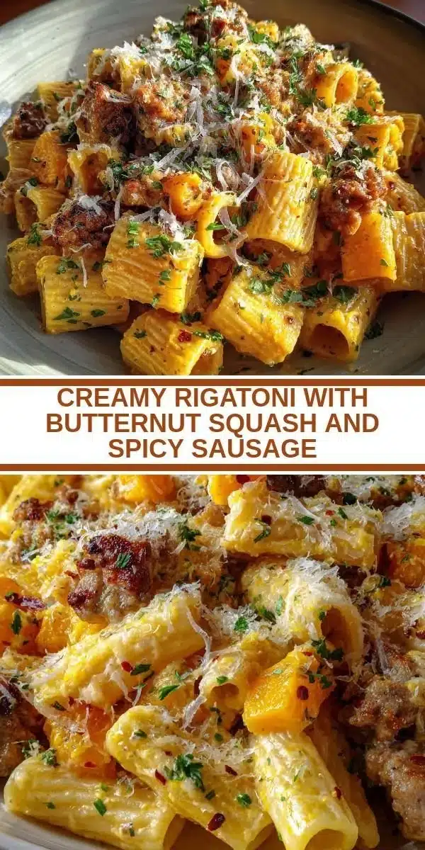 Creamy rigatoni pasta with butternut squash and spicy sausage served in a bowl